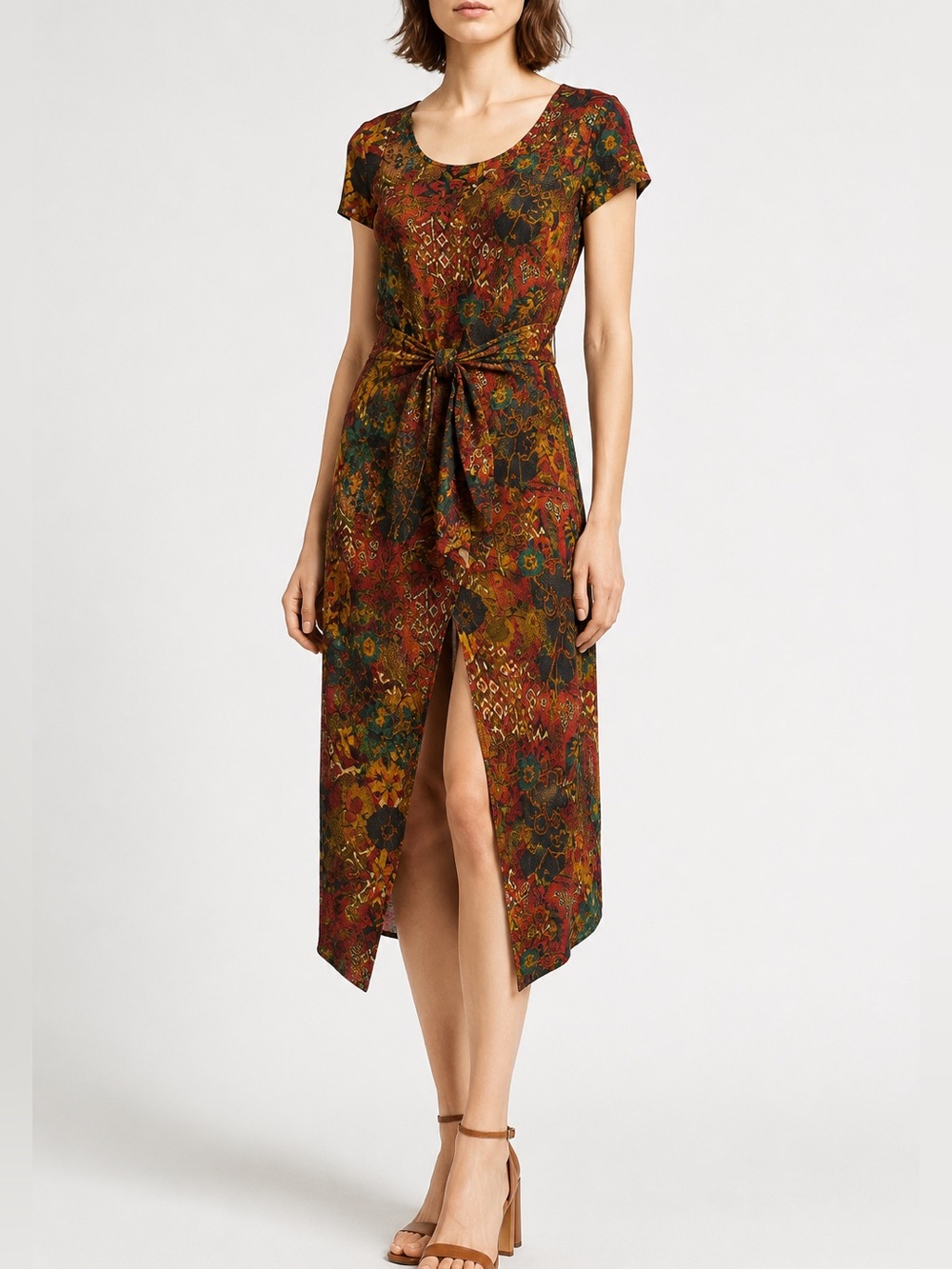 Vintage 90s Rayon Tapestry Patchwork Midi Dress Front Slit Waist Tie XS